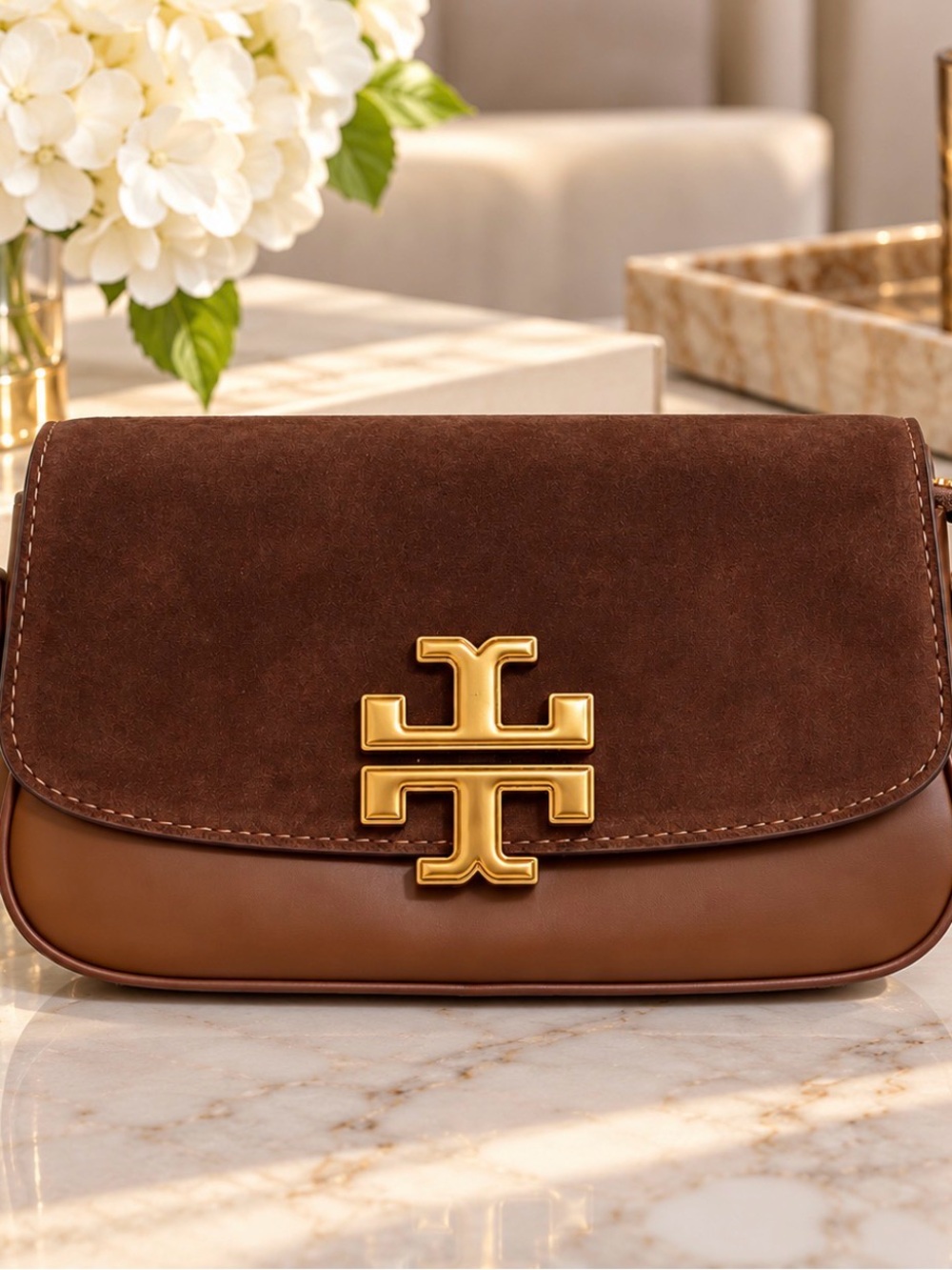 Brown Suede & Crossbody with Gold Logo